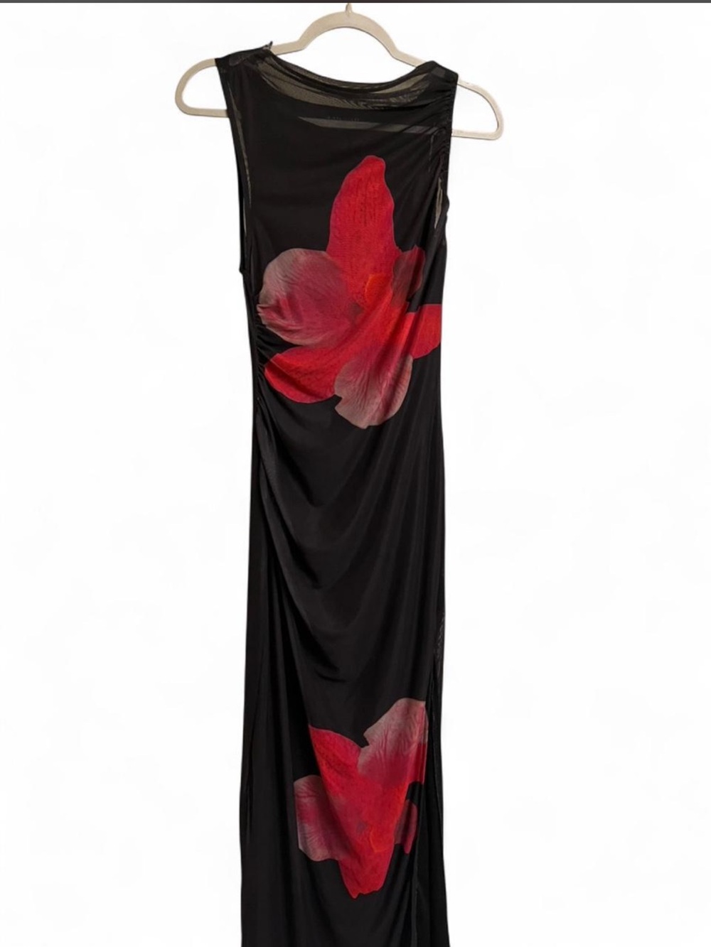Black Dress with Red Floral Print - Sleeveless Elegant Maxi
